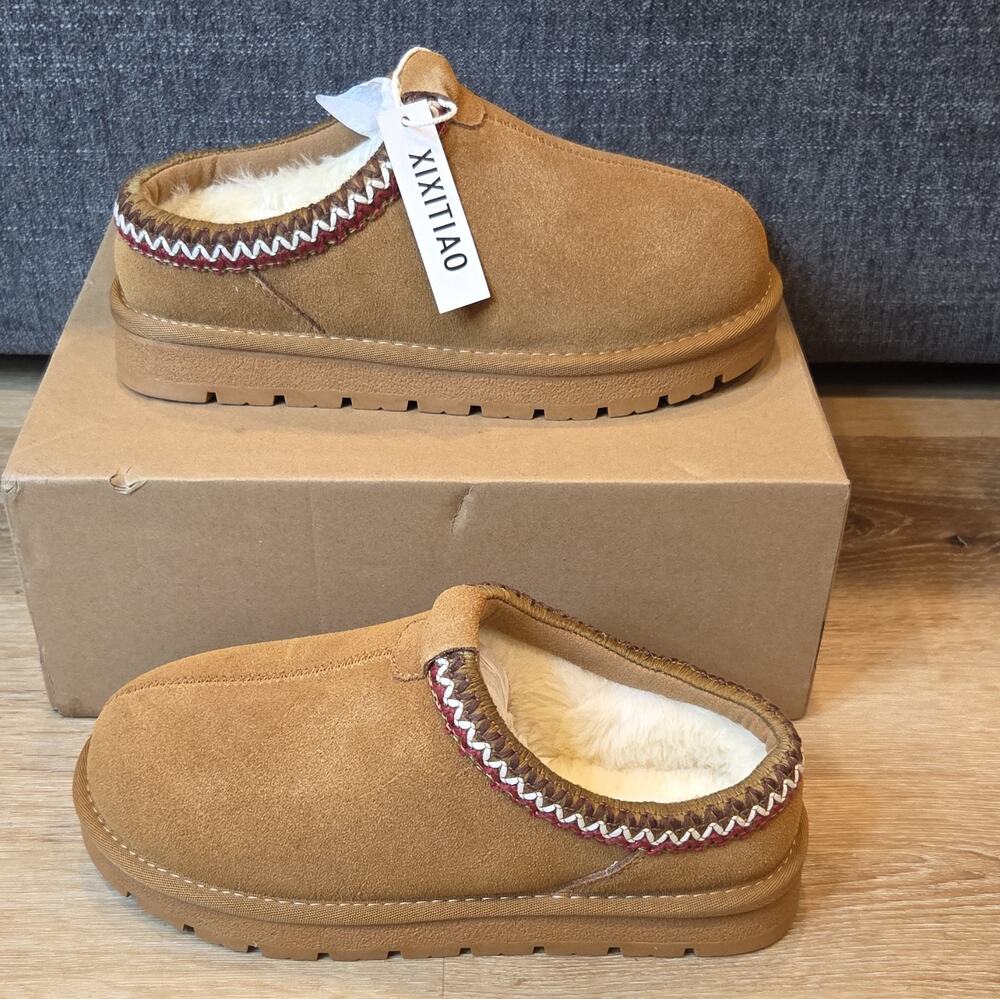 XIXITIAO Women's Brown Suede Slip-On Slippers Faux Fur Lined Size 6 US/EU 37 NWT